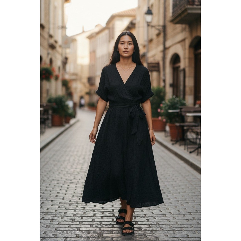 Dreamers Black Wrap Dress Medium Waist Tie Rayon Blend Lightweight‎ Casual